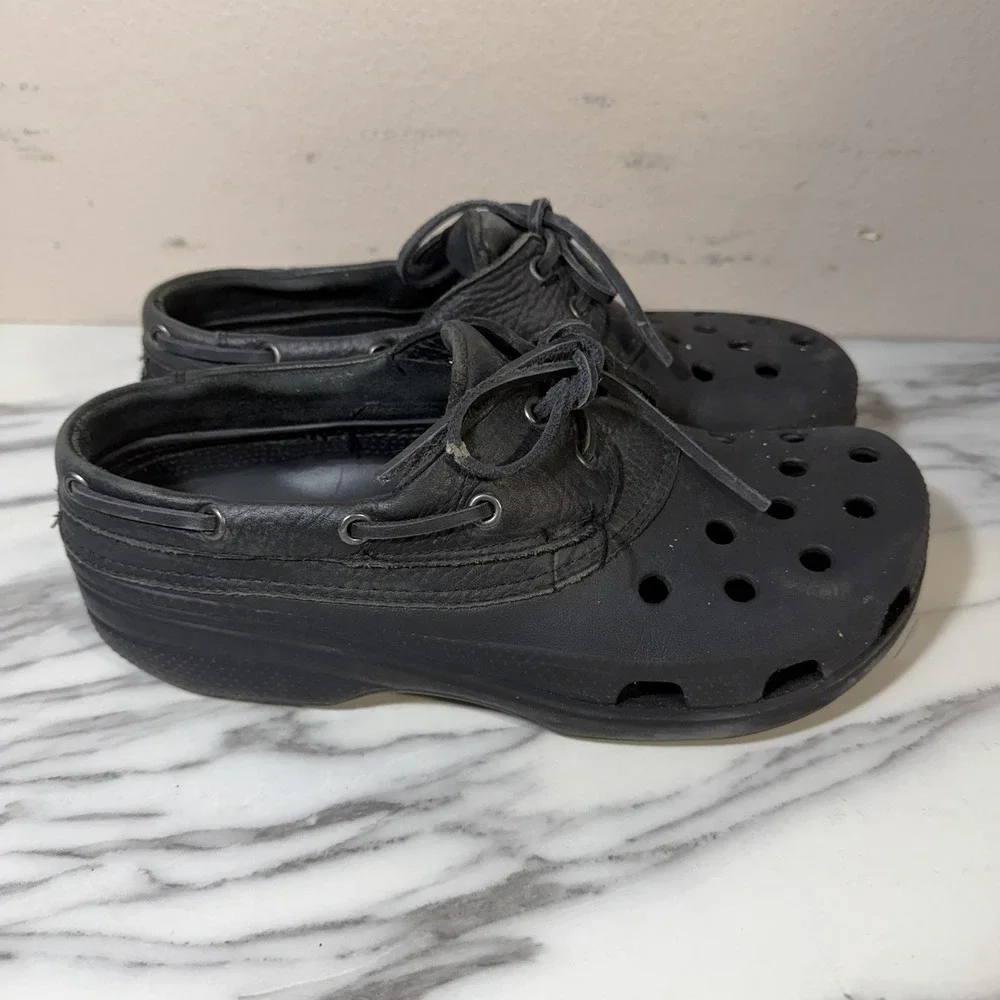Crocs Islander Pitcrew Sport Boat Shoes Mens 9 Black Leather Upper Lace Up